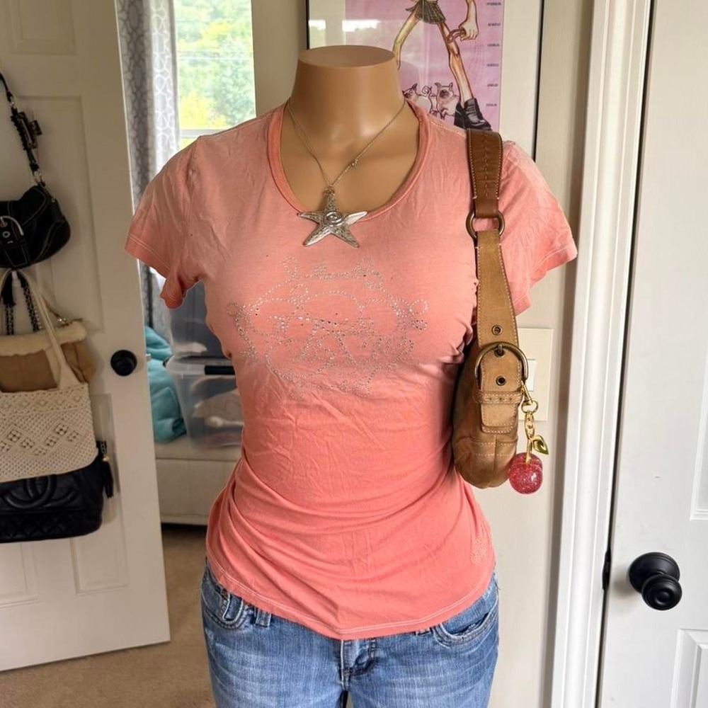 y2k 2000s True religion pink rhinestone graphic top mcbling size S